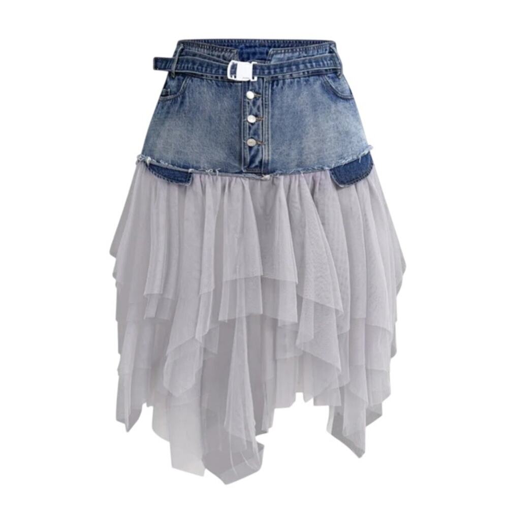 Micas Denim Mesh Patchwork Skirt 0XL Belted Tulle Fairycore Skirt